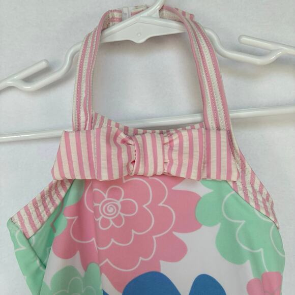 Ruffle Butts Baby Swimsuit 6-12m Floral Striped Halter Ruffle Trim Leg Openings - Picture 2 of 7